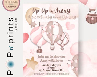 May include: A baby shower invitation with a watercolor design. The invitation features hot air balloons in pink and gray, along with the text "Up Up & Away" and details for the event, including the date, time, and location.