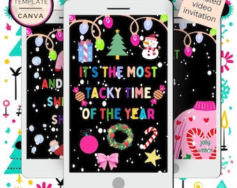 May include: Three smartphones displaying a Christmas-themed animated video invitation. The central phone features the text "IT'S THE MOST TACKY TIME OF THE YEAR" with festive graphics. The other phones show similar designs, including a snowman, Christmas tree, and gift.