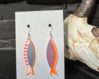 Orange Sardine Fish Dangle Earrings, Quirky Novelty Statement Jewelry Gift