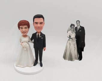 Wedding Cake Topper, Custom Anniversary Bobblehead from Photo, Lace Veil Figurine
