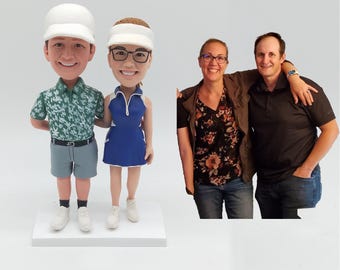 Gepersonaliseerde golferspaar bobblehead, aangepast kleibeeldje, handgemaakte golfstandbeeld taarttopper