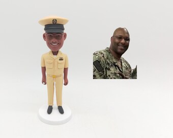 Navy Officer Bobblehead, Custom Military Figurine from Photo, Tan Uniform & Medals