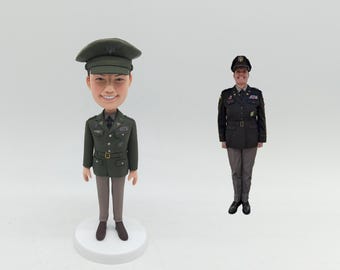 Green Uniform Military Bobblehead, Custom Soldier Figurine from Photo, Service Cap & Medals