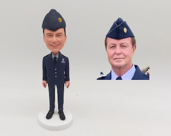 Army Officer Bobblehead, Custom Military Figurine from Photo, Blue Uniform with Garrison Cap