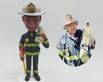 Custom Firefighter Bobblehead From Photo Personalized Fireman Figurine With Red Axe Hose Chief Cap