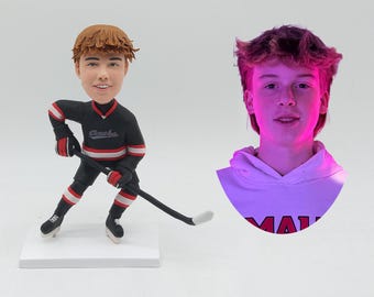 Figura cabezona de jugador de hockey personalizada con foto, figura deportiva personalizada, adorno para tarta de patinaje sobre hielo