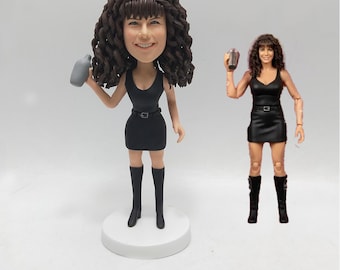 Custom Bartender Bobblehead from Photo, Personalized Female Figurine in Black Dress, Unique Birthday Gift