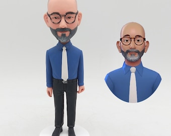 Custom Business Man Bobblehead Personalized Office Worker Figurine Bald Guy Glasses Blue Shirt Tie