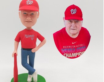 Custom Baseball Bobblehead Personalized Sports Fan Figurine Washington Nationals Hat Red Bat Base