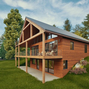 35’ x 35’ Modern Hilltop Wooden Lodge Plan and CAD file-Basement and front deck