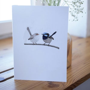 Cartão de felicitações com desenho de Fairy Wrens em edição limitada, pássaro nativo australiano, download digital para dia das mães, cartão de noivado e casamento
