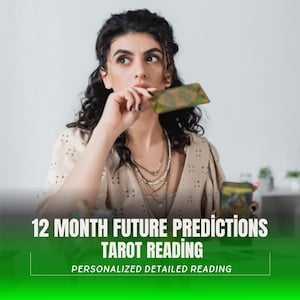 May include: A woman holding a tarot card, with text overlay: "12 MONTH FUTURE PREDICTIONS TAROT READING PERSONALIZED DETAILED READING." The woman is wearing a beige top and multiple necklaces. The background is a light gray.