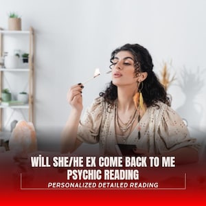 Könnte beinhalten: Eine Frau mit langen dunklen Haaren hält ein brennendes Streichholz und schaut nach oben. Der Text auf dem Bild lautet "Will she/he ex come back to me Psychic Reading Personalized Detailed Reading".
