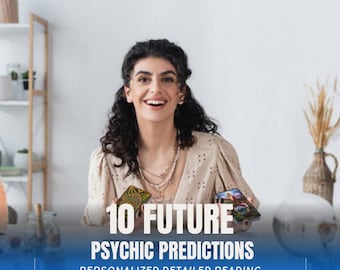 May include: A woman smiles while holding tarot cards. The text reads "10 Future Psychic Predictions Personalised Detailed Reading".