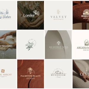 May include: A selection of logos with diverse designs and text. Logos include text such as "Cozy Cabin", "Lorelei", "Velvet Boutique", "Horizon Mornings", "Serene Treasures", "Pure Olives", "Heavenly Well", "Arcadia Maison", "Kinetic Wright", "Palmstone Realty", "Mushroom Studio", and "Olver Studio".