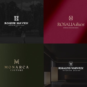 Op de afbeelding: Vier logo's op een donkere achtergrond. Het logo linksboven zegt "ROGUE HAVEN" met een gestileerde "R". Het logo rechtsboven zegt "ROSALIA iluos". Het logo linksonder zegt "MONARCA COUTURE". Het logo rechtsonder zegt "ROSALIND WARWICK INTERIOR DESIGN".