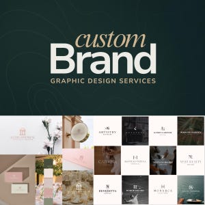 May include: A promotional image for graphic design services. The words "custom Brand" are in a stylish font, with "GRAPHIC DESIGN SERVICES" below. Several logo designs are displayed, showcasing a variety of styles and branding concepts.
