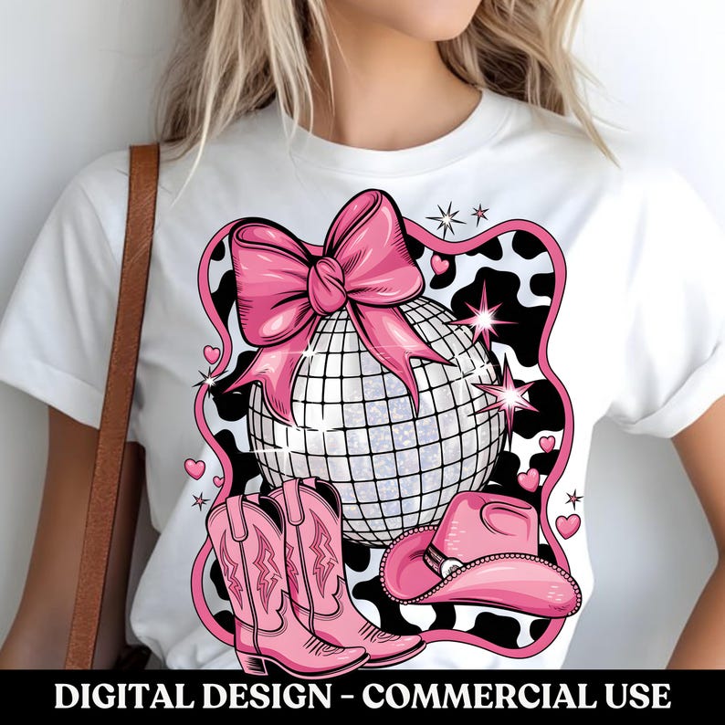 May include: A white t-shirt featuring a pink bow, a disco ball, a pink cowboy hat, and a black and white cow print design.