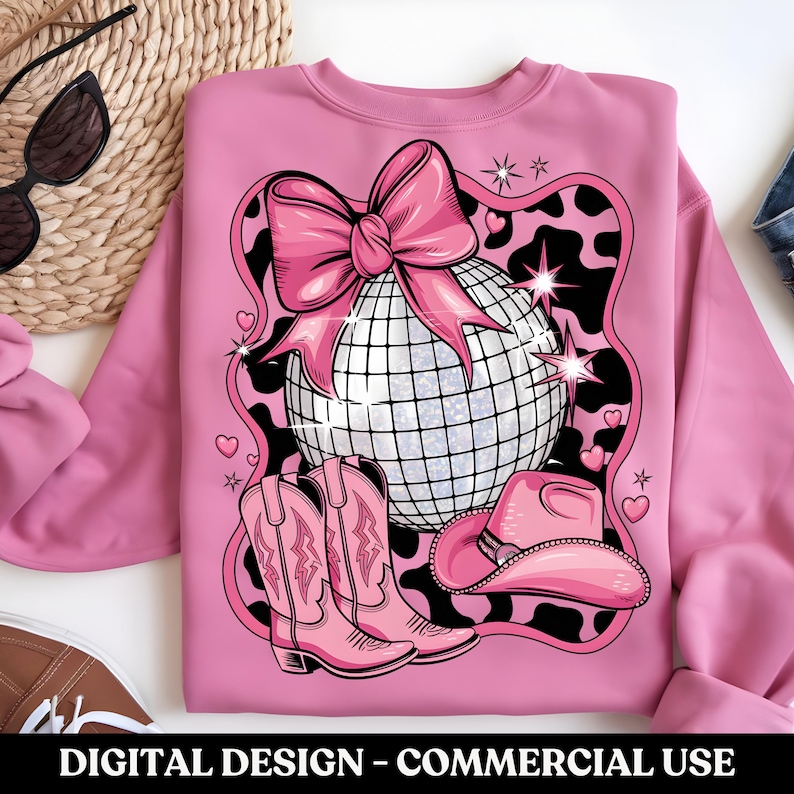 May include: Pink sweatshirt featuring a disco ball, cowboy hat, boots, and a pink bow on a black and white animal print background.