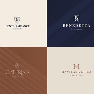 May include: Four logo designs with elegant typography. The logos feature the names "Penta Radiance Consultant", "Benedetta Sorensen", "Caterina Coaching", and "Havitias Vetica Essential". Each logo has a unique design and color scheme, including beige, navy, and brown.