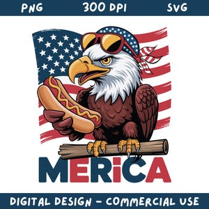 Merica Eagle Hotdog USA Flag 4th Of July Png Svg, Merica 4th of July USA Png, American Flag Bandana Bald Eagle Png, Independence Day Png