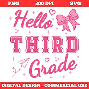 Hallo dritte Klasse SVG PNG - Erster Schultag Shirt Design - Süße rosa Schulanfang Grafik - Cricut Clipart für Mädchen