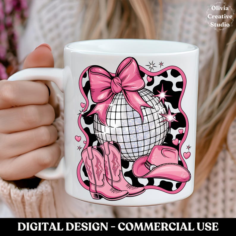 May include: White ceramic mug with a pink and white design featuring a disco ball, cowboy hat, and cowboy boots on a black and white cow print background. The design includes a pink bow and stars.