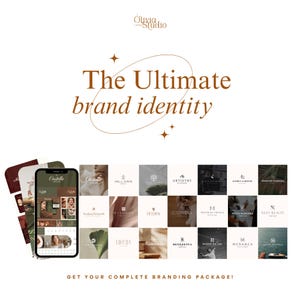 Könnte beinhalten: Werbebild für Olivia Studio, das Branding-Dienstleistungen präsentiert. Das Bild zeigt ein Telefon mit einer Markenidentität, umgeben von verschiedenen Logo-Designs und dem Text "The Ultimate brand identity". Der Text unten lautet "GET YOUR COMPLETE BRANDING PACKAGE!"