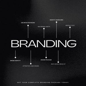 May include: A black and white graphic with the word "BRANDING" in large white letters. The image lists branding services including unlimited revisions, new brand assets, identity guidelines, graphic files, brand identity, attractive logo design, design package, and a neat social media kit.