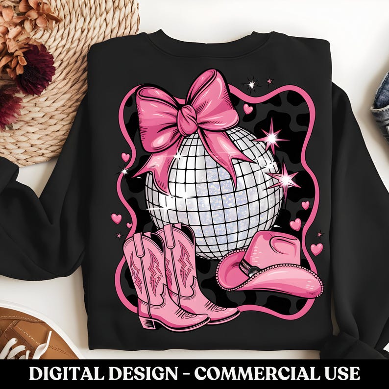 May include: Black sweatshirt featuring a pink bow, disco ball, cowboy hat, and boots. The design is on a black background with a white and black leopard print.