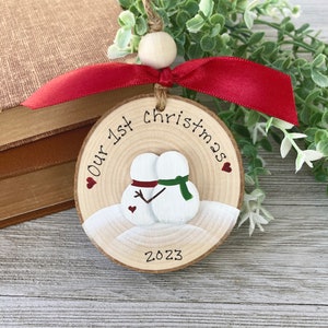 First Christmas Ornament~ Our First Christmas Together~ Wedding Ornament~ Snowman Couple Ornament~ Painted Wood Slice Ornament~ Mr and Mrs