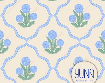 Blue Floral Lattice Seamless Pattern File - Cottagecore Floral Digital Paper, Soft Pastel Botanical Design