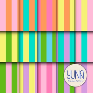 Op de afbeelding: Een verzameling kleurrijke gestreepte patronen in verschillende pastelkleuren. De ontwerpen bevatten verticale strepen in roze, oranje, geel, groen, blauw en paars. De afbeelding bevat de tekst "YUNA Premium Pattern" in een cirkelvormig logo.