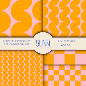 Retro 70s Seamless Pattern in Pink Orange, Groovy Wavy Stripes Checks Digital Paper File