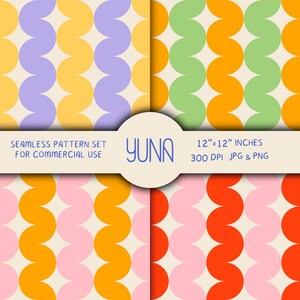 Peut inclure: Un ensemble de motifs sans couture pour un usage commercial. Le design présente quatre variations de couleurs d'un motif rétro ondulé. Les motifs sont dans les tons de jaune, de violet, de vert, d'orange, de rose et de rouge. Le texte "YUNA" et "12"x12" INCHES" est inclus.