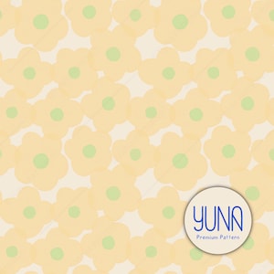 May include: A repeating pattern of light yellow five-petaled flowers with small light green centers on a cream background. A circular white badge in the bottom right corner features the blue text YUNA and the words Premium Pattern below it.