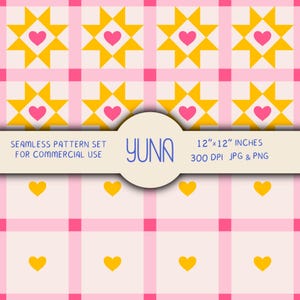 Set di motivi trapuntati a cuore senza cuciture per tessuto e San Valentino, quadretti a quadretti e carta digitale geometrica