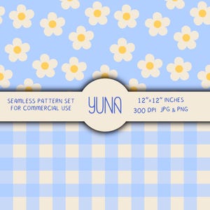 Puede incluir: Un conjunto de patrones sin costuras con un fondo azul claro y flores de margarita blancas con centros amarillos. La imagen incluye el texto "YUNA" y "12"x12" PULGADAS". La parte inferior de la imagen tiene un patrón de cuadros azules y blancos.