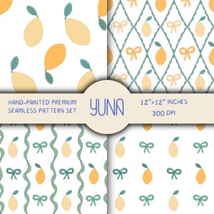 Zitrone & Grün Schleife Rapportmuster-Set - Zitrusfrüchte Digitales Papier, Coquette Summer Design, kommerzielle Nutzung, 12x12 300 DPI