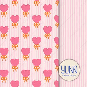 Puede incluir: Un patrón repetitivo de corazones rosas con lazos naranjas sobre un fondo a rayas rosa claro. El diseño incluye una sección de rayas verticales y un logotipo circular que dice "YUNA Premium Pattern".