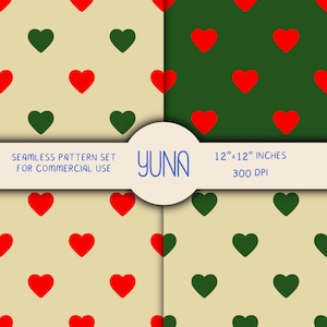 Christmas Heart Seamless Repeating Pattern Set, Red Green Retro Hearts Repeat, Holiday Digital Papers, Xmas Background, Commercial Use