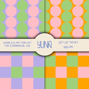 May include: A seamless pattern set for commercial use. The image displays four different patterns: two with large circles and two with squares. The color palette includes pink, green, orange, and purple. The text "YUNA" and dimensions are also visible.