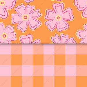Retro seamless pattern set featuring large pink flowers on a warm orange background with a coordinating orange and blush pink gingham check pattern. Hand-drawn digital paper for fabric, quilting, apparel, stationery, scrapbook, wrapping paper, wallpaper, home decor, and commercial surface design projects.