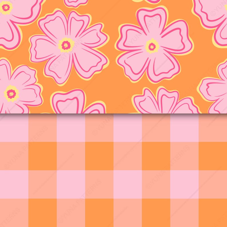 Retro seamless pattern set featuring large pink flowers on a warm orange background with a coordinating orange and blush pink gingham check pattern. Hand-drawn digital paper for fabric, quilting, apparel, stationery, scrapbook, wrapping paper, wallpaper, home decor, and commercial surface design projects.