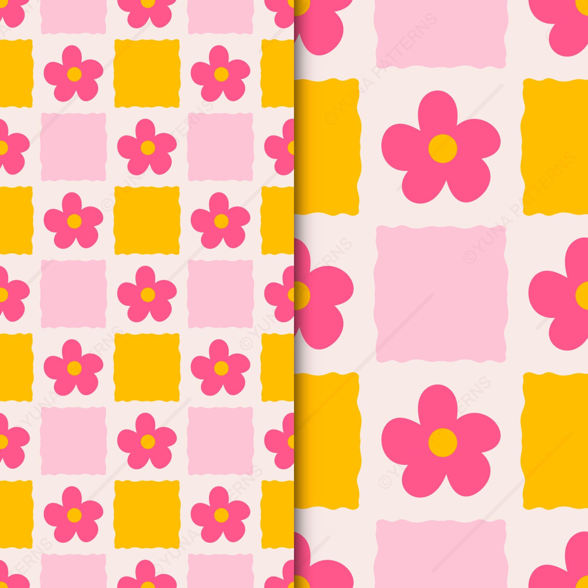 Retro Flowers Seamless Pattern Set, Bright Groovy 70s Papers ...