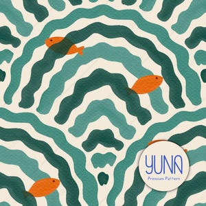 Op de afbeelding: Een herhalend patroon met oranje vissen die door turquoise en donker turquoise golvende lijnen op een crèmekleurige achtergrond zwemmen. Het ontwerp bevat een cirkelvormig logo met de tekst "YUNA Premium Pattern".