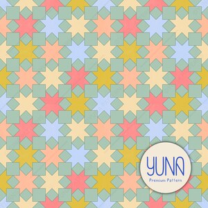 May include: A repeating pattern with a grid of light green squares and diamond shapes. Within the grid are star-like shapes in pastel colours including pink, yellow, peach, and blue. The image includes a circular logo with the text "YUNA Premium Pattern."