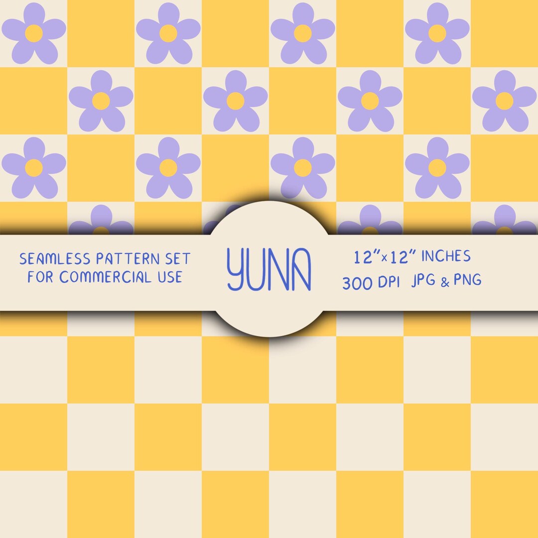 Retro Daisy Checkerboard Seamless Pattern Set, Groovy Floral Digital ...