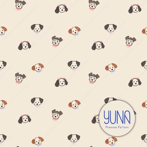 May include: A repeating pattern on a light beige background featuring illustrated dog heads in brown, black, and white. Some dogs wear pink bows or blue bow ties. A circular logo in the bottom right corner reads YUNA Premium Pattern.