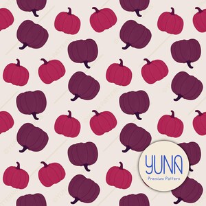 May include: A repeating pattern of stylized pumpkins in shades of red and purple on a cream background. The pumpkins have dark green stems. The design includes a circular logo with the text "YUNA Premium Pattern".
